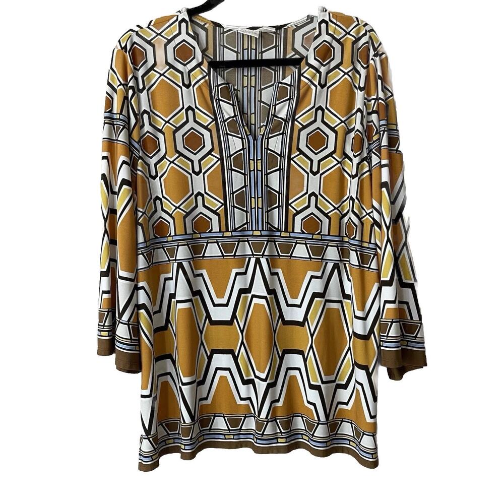 Chico’s AFRICAN IKAT TUNIC STYLE Top Sz L (3) Top Geometric Brown Boho Aztec